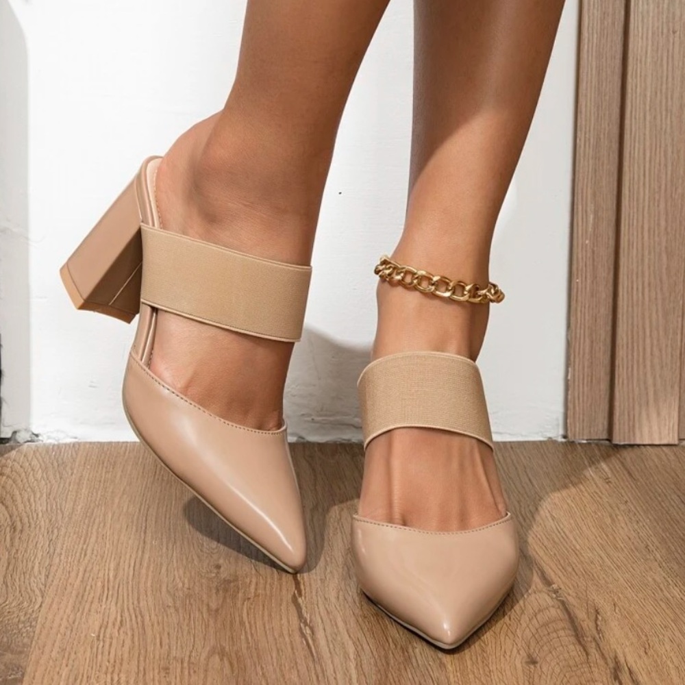 Women Elegant Mule Pumps, Point Toe Chunky Heeled Pumps - Picture 2 of 5